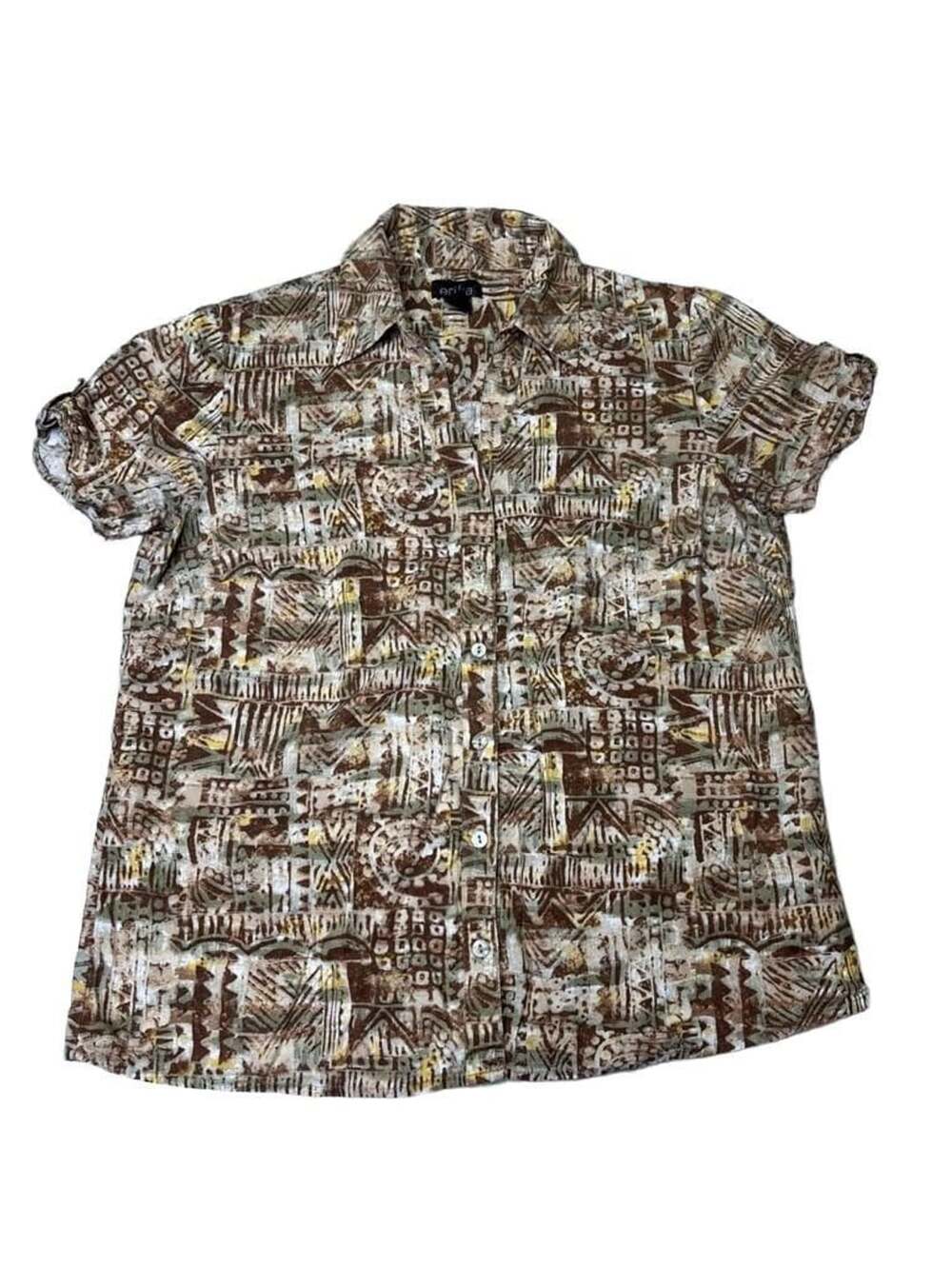 Erika Short Sleeve Button Down Shirt Size M Brown Abstract Print